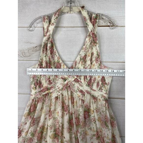 Ark & Co Anthropologie Dress Women L Cream Floral Rose Pintuck Sleeveless Halter - Picture 3 of 14